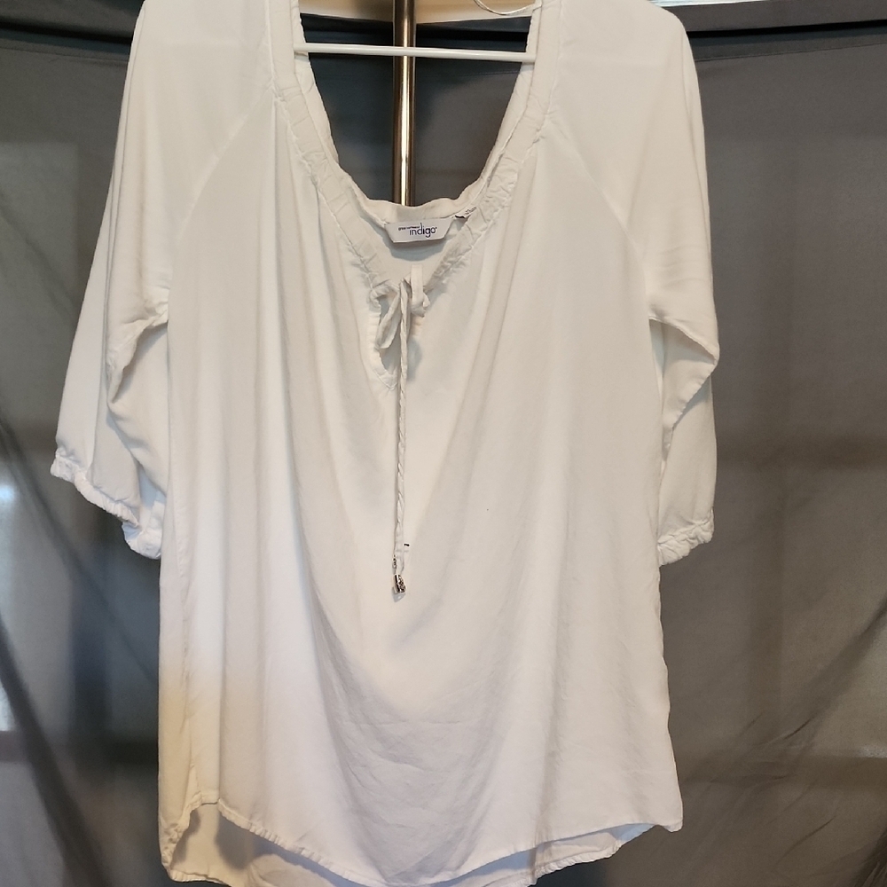 Indigo White Bell Sleeve Tunic with Tie Front